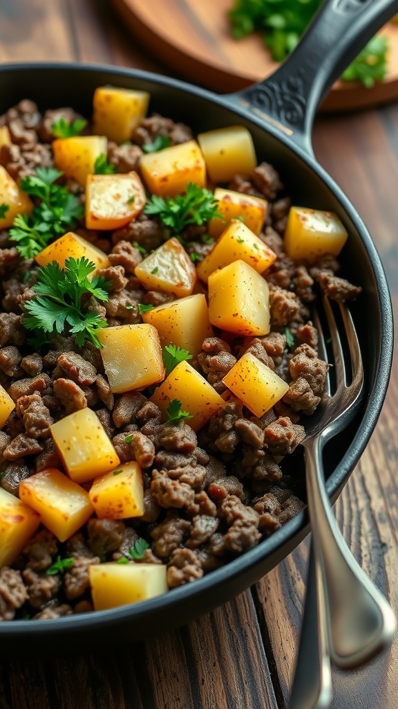 A delicious beef and potato hash in a skillet, garnished with parsley, on a rustic wooden table.